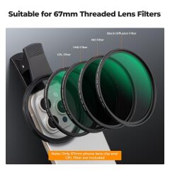 K&F Concept 67mm Klipsli CPL Telefon Kamera Lens Filtre Kiti