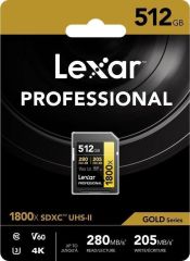 Lexar 512GB 280MB/s Profesyonel 1800x SDXC UHS-II V60 Hafıza Kartı (Gold Serisi)